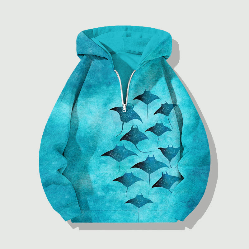 Unisex Vintage Manta Ray Half Zip Hoodie - Lake Blue - US32-34(5XL) - image 1