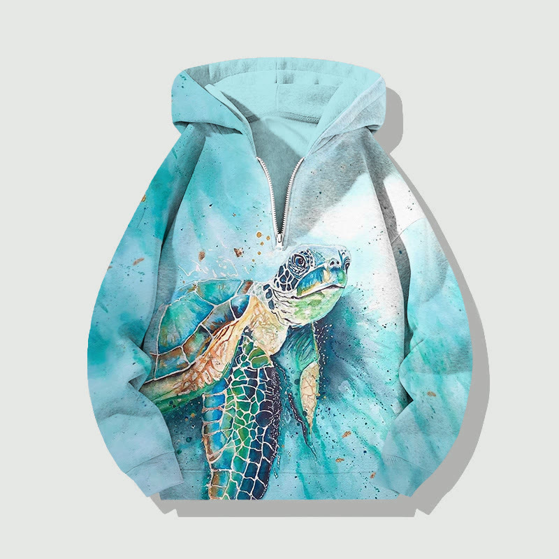 Unisex Watercolor Sea Turtle Half Zip Hoodie - Sky Blue - US32-34(5XL) - image 1