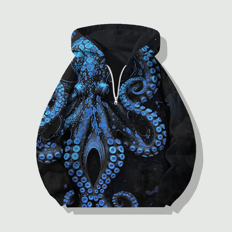 Unisex Vintage Octopus Art Print Half Zip Hoodie - Blue - US32-34(5XL) - image 2