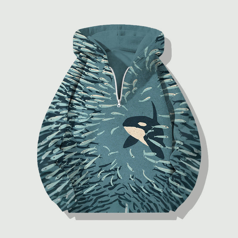 Unisex Orca And Herring Ball Half Zip Hoodie - Blue - US32-34(5XL) - image 1