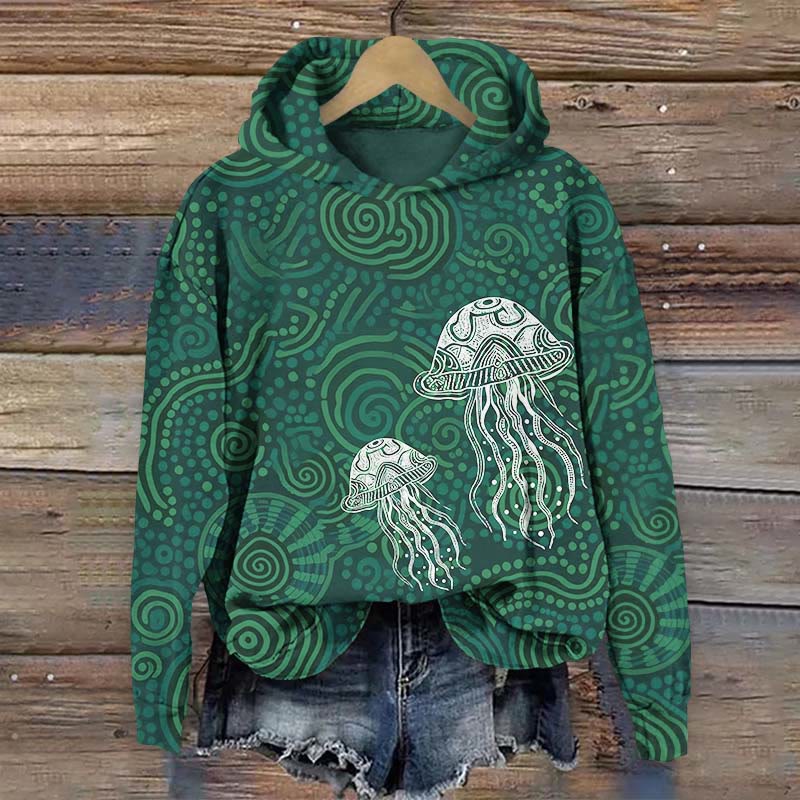 Retro Ethnic Transparent Jellyfish Art Print Long Sleeve Hoodie - Green - US44-46(8XL) - image 2