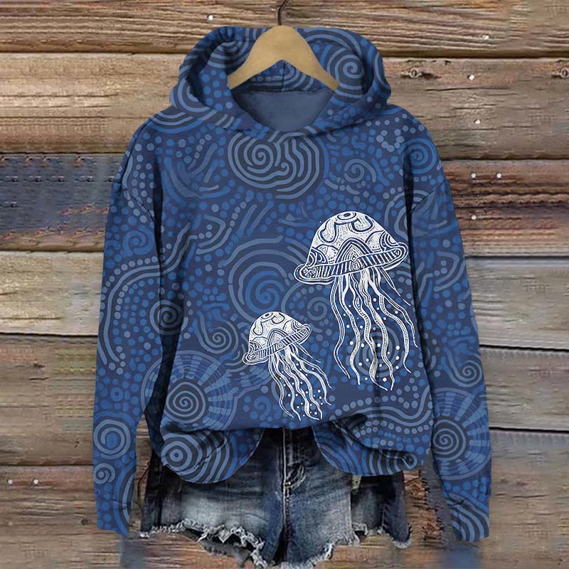 Retro Ethnic Transparent Jellyfish Art Print Long Sleeve Hoodie - Blue - US44-46(8XL) - image 1