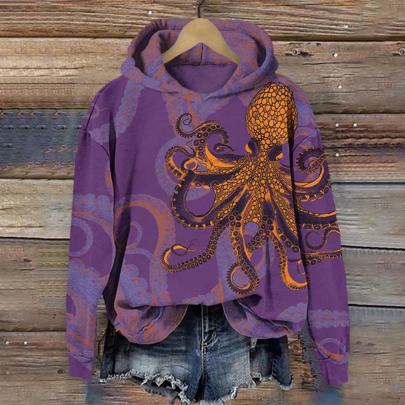 Vintage Streak Octopus Art Print Long Sleeve Hoodie - Purple - US44-46(8XL) - image 1