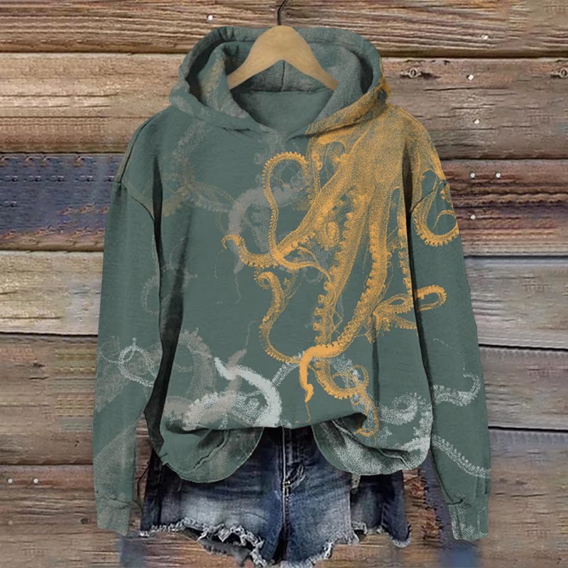 Retro Overlapping Octopus Tentacles Art Print Long Sleeve Hoodie - Green - US44-46(8XL) - image 2