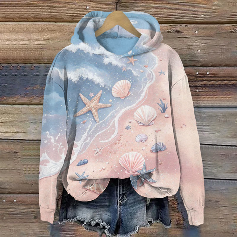Romantic Starfish And Seashell Color Block Pattern Print Long Sleeved Hoodie - Pink - 8XL - image 1
