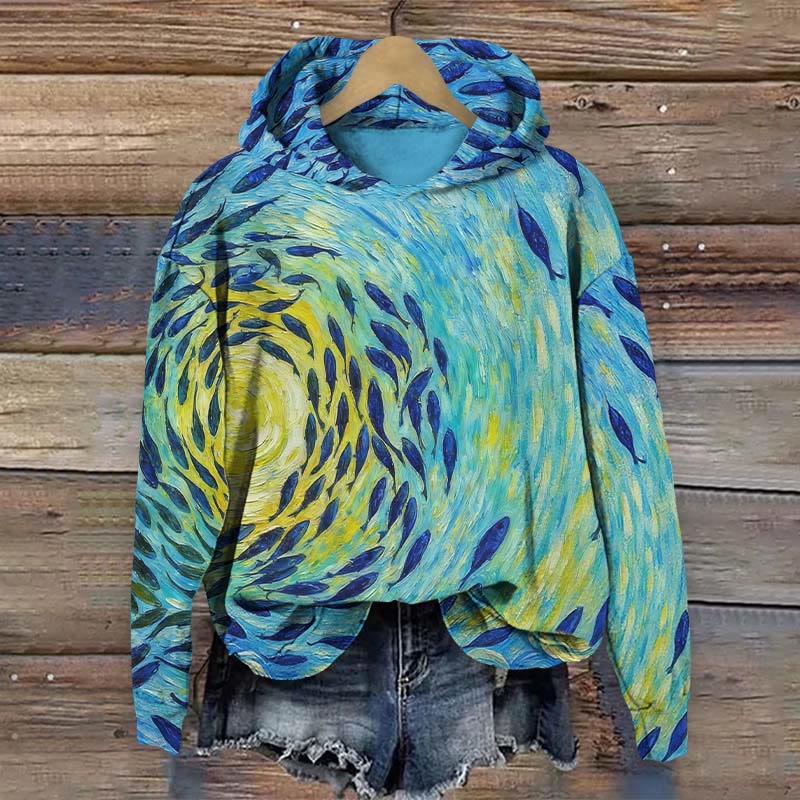 Oil Painting Fish Whirlpool Art Print Long Sleeve Hoodie - Blue - US44-46(8XL) - image 1