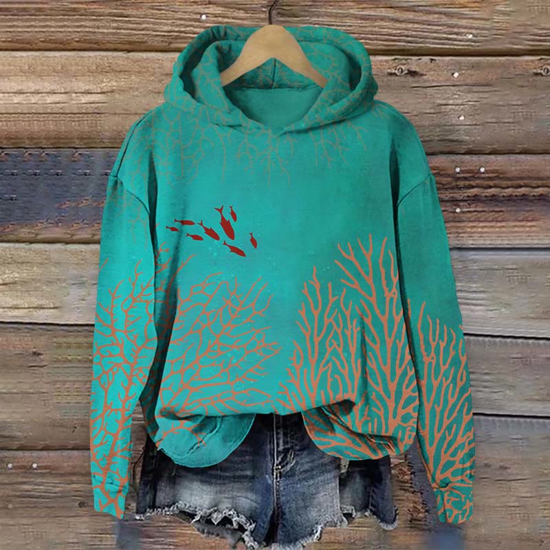 Ocean Small Red Fish & Coral Art Print Long Sleeve Hoodie - Green - US44-46(8XL) - image 2