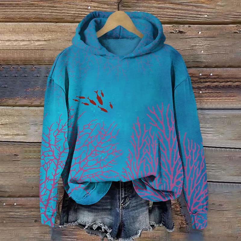 Ocean Small Red Fish & Coral Art Print Long Sleeve Hoodie - Blue - US44-46(8XL) - image 1