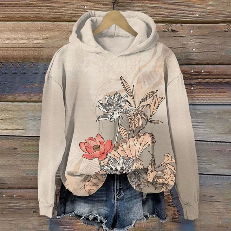 Retro Floral Print Long Sleeved Hoodie - Grey - 8XL - image 1