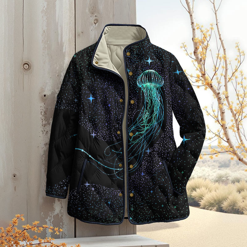 Colorful Starry Sky Jellyfish Art Print Outerwear Jackets - Black - 4XL - image 1