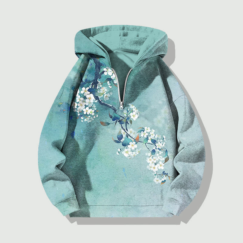 Unisex Japanese Antique Pear Blossom Ink Painting Half Zip Hoodie - Green - US32-34(5XL) - image 1