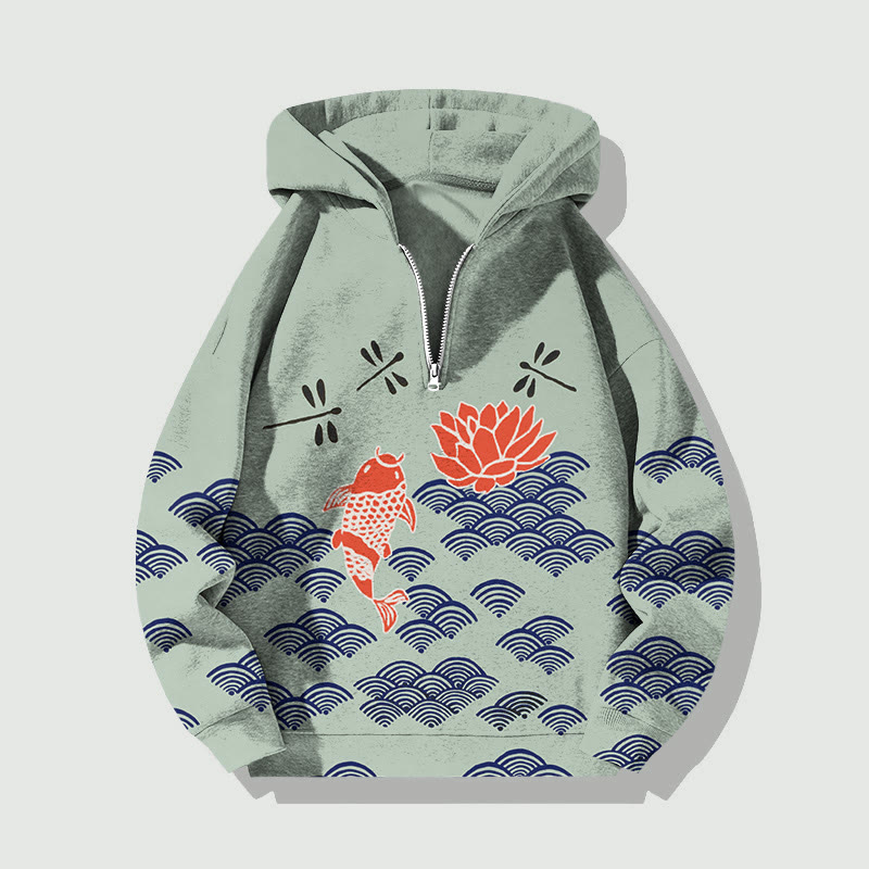 Unisex Japanese Style Koi Fish Dragonfly Wave Half Zip Hoodie - Green - US32-34(5XL) - image 3