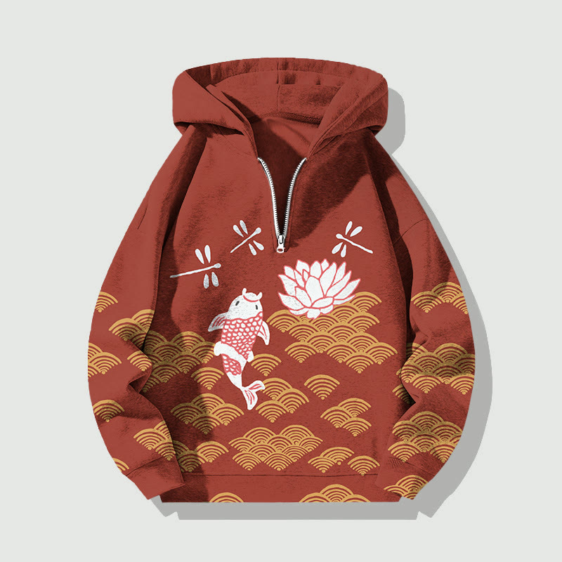 Unisex Japanese Style Koi Fish Dragonfly Wave Half Zip Hoodie - Red - US32-34(5XL) - image 2