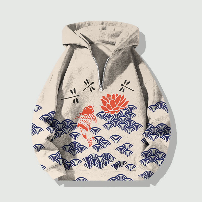 Unisex Japanese Style Koi Fish Dragonfly Wave Half Zip Hoodie - Beige - US32-34(5XL) - image 1