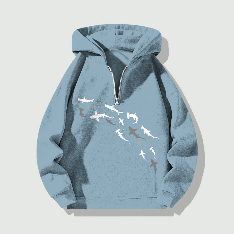 Unisex Shark Print Half Zip Hoodie - Sky Blue - US32-34(5XL) - image 2