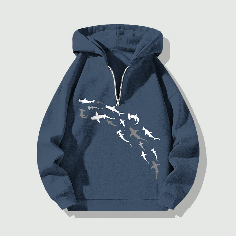 Unisex Shark Print Half Zip Hoodie - Blue - US32-34(5XL) - image 1