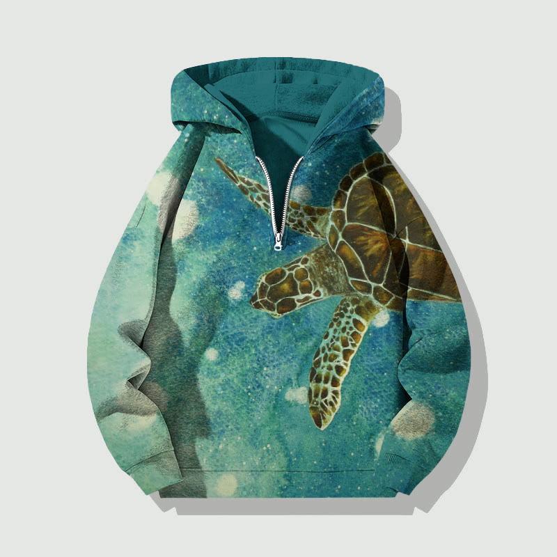 Unisex Ombre Sea Turtle Watercolor Painting Half Zip Hoodie - Green - US32-34(5XL) - image 1
