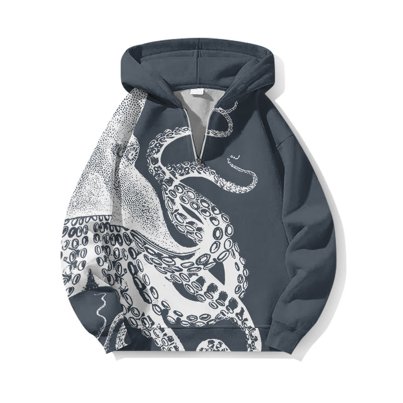 Japanese Art Octopus Graphic Print Half Zip Hoodie - Grey - US32-34(5XL) - image 2
