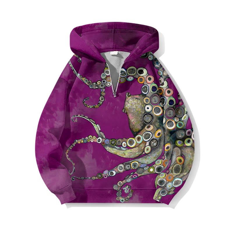 Colorful Octopus Oil Painting Print Half Zip Hoodie - Purple - US32-34(5XL) - image 5