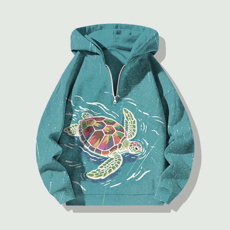 Unisex Rainy Colorful Sea Turtle Half Zip Hoodie - Lake Blue - US32-34(5XL) - image 1