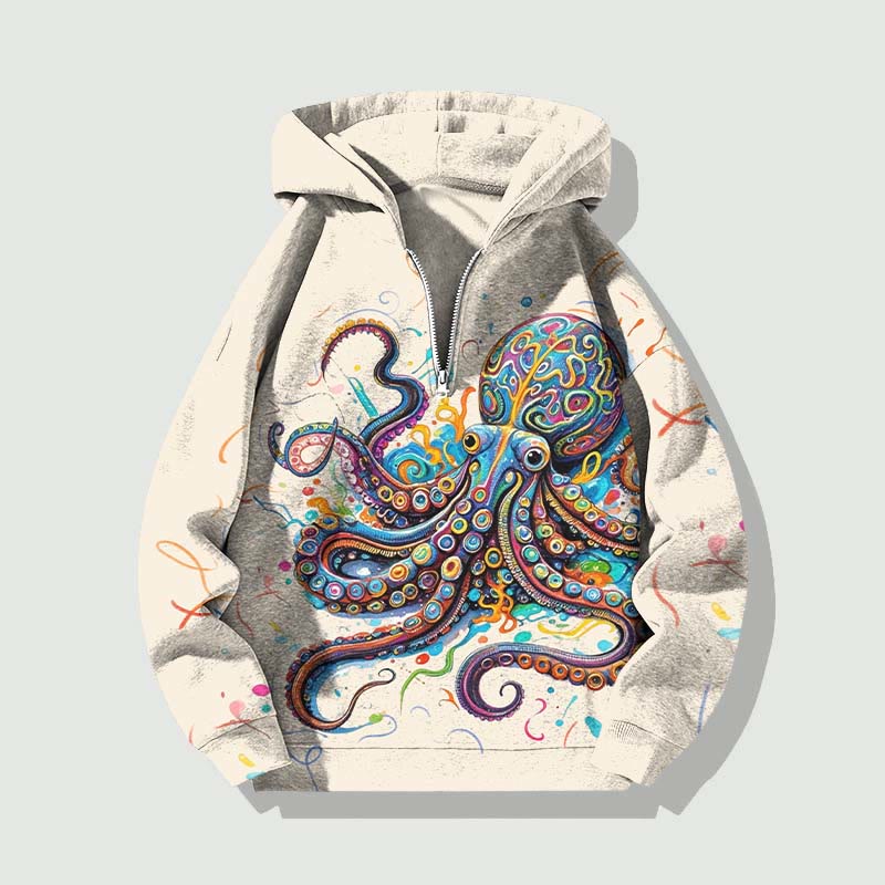 Unisex Vintage Rainbow Octopus Half Zip Hoodie - Beige - US32-34(5XL) - image 1