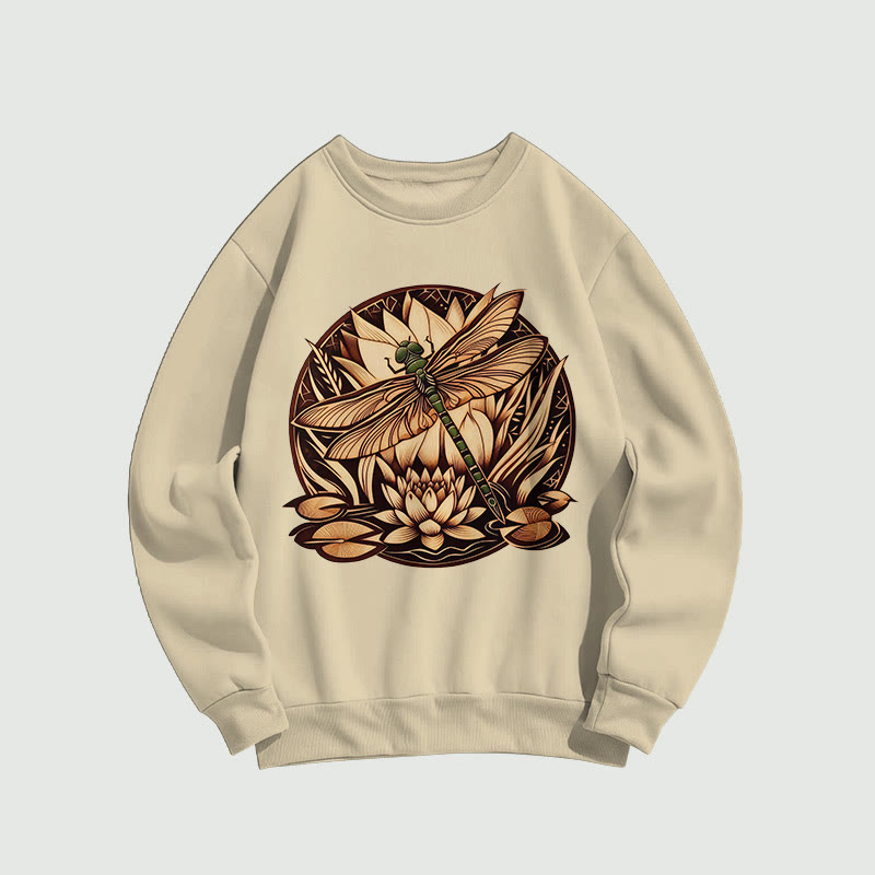 Retro Dragonfly & Lotus Art Print Long Sleeved Sweatshirt - Apricot - US16-18(2XL) - image 1