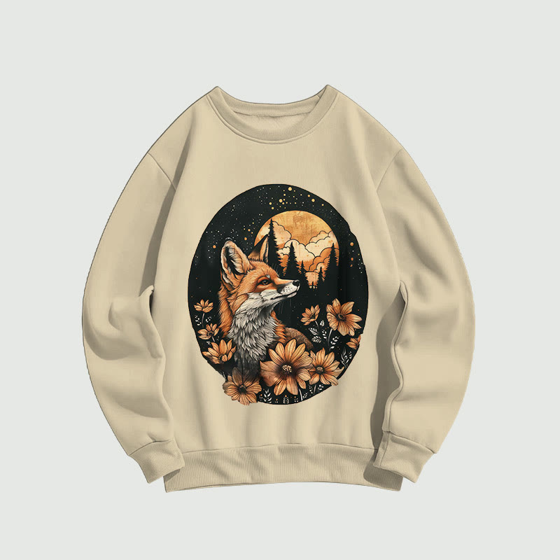 Full Moon Night & Fox In The Flowers Print Long Sleeved Sweatshirt - Apricot - US16-18(2XL) - image 1