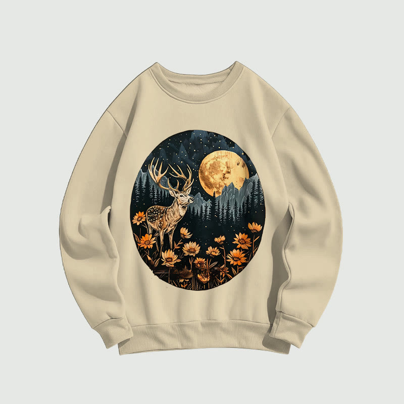 Vintage Deer & Daisy Under Full Moon Print Long Sleeved Sweatshirt - Apricot - US16-18(2XL) - image 1