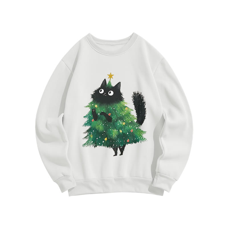 Fun Cat Christmas Tree And Printed Long Sleeved Crewneck Sweatshirt - White - US16-18(2XL) - image 2