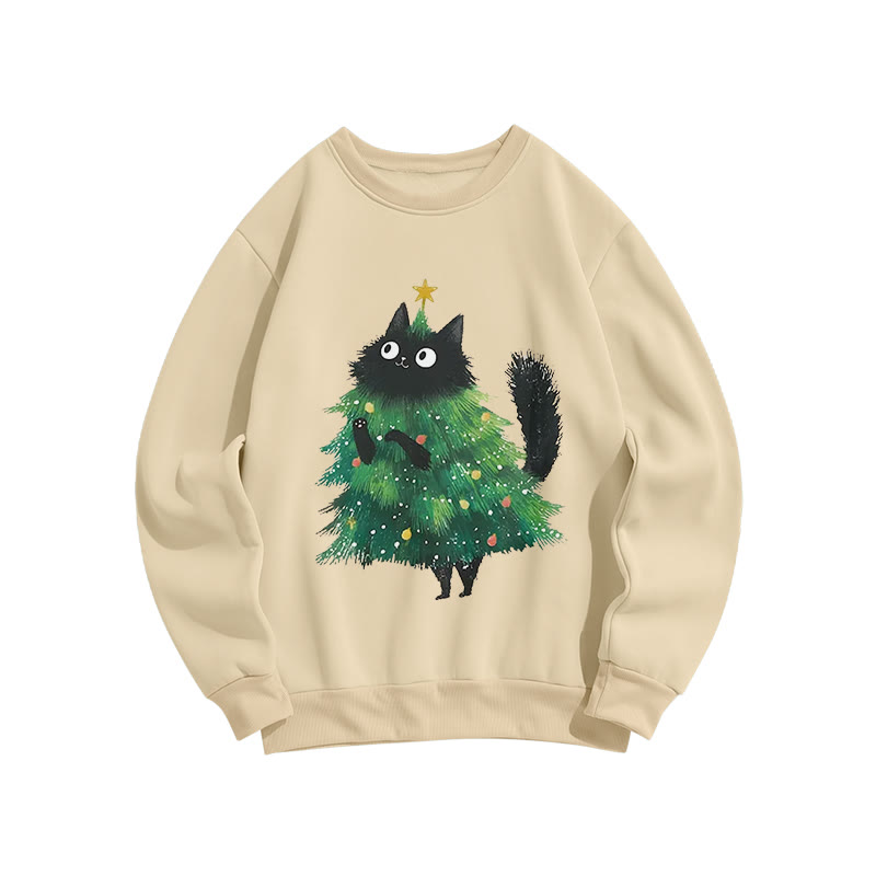 Fun Cat Christmas Tree And Printed Long Sleeved Crewneck Sweatshirt - Apricot - US16-18(2XL) - image 1
