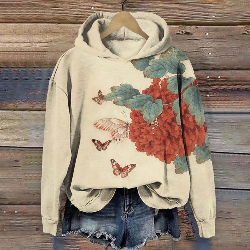 Japanese Vintage Peony Blossom & Butterfly Art Print Long Sleeve Hoodie - Apricot - US44-46(8XL) - image 1