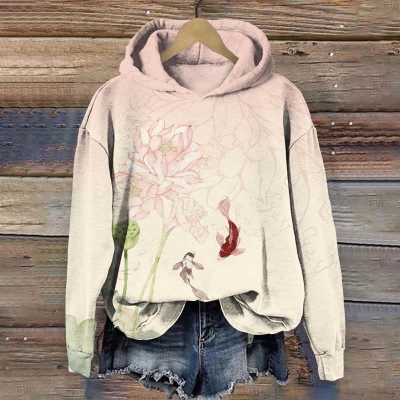 Watercolor Lotus Pond & Goldfish Art Print Long Sleeve Hoodie - Apricot - US44-46(8XL) - image 1
