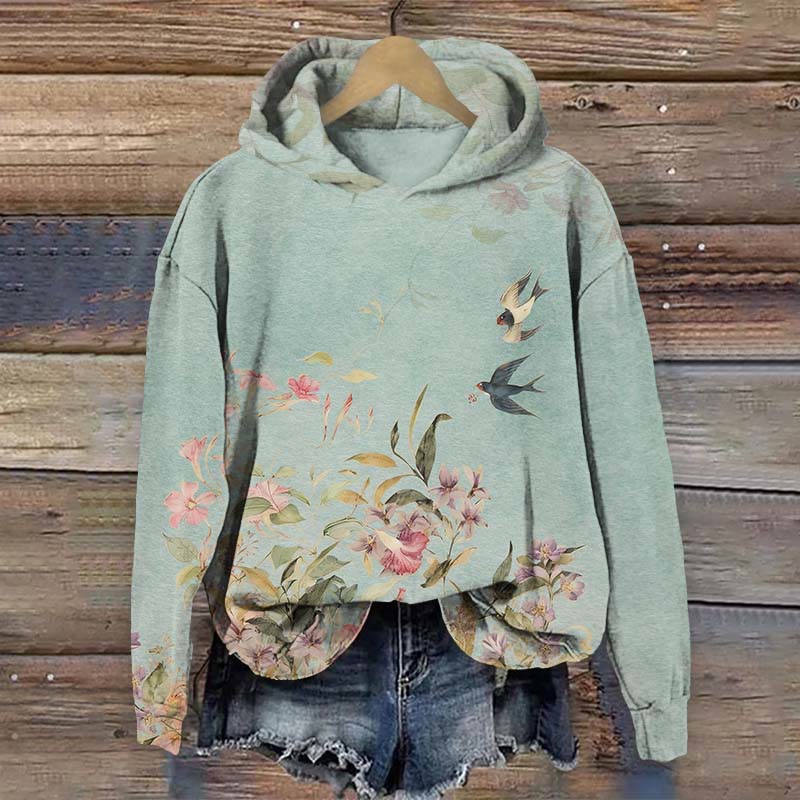 Japanese Spring Blossom & Swallow Art Print Long Sleeve Hoodie - Green - US44-46(8XL) - image 1
