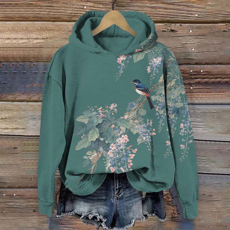 Vintage Bird Sitting On Flower Branch Art Print Long Sleeve Hoodie - Green - US44-46(8XL) - image 2