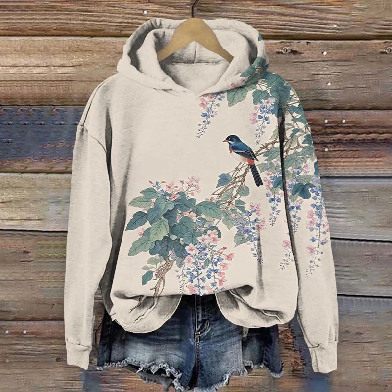 Vintage Bird Sitting On Flower Branch Art Print Long Sleeve Hoodie - Apricot - US44-46(8XL) - image 1