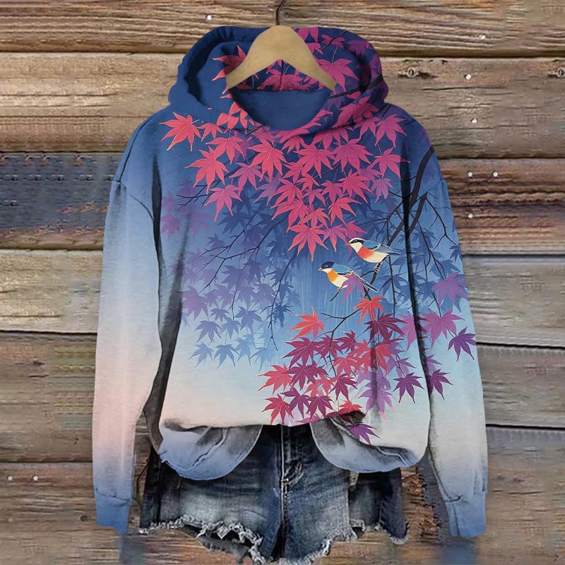 Vintage Autumn Maple Leaf & Birds Art Print Long Sleeve Hoodie - Blue - US44-46(8XL) - image 2