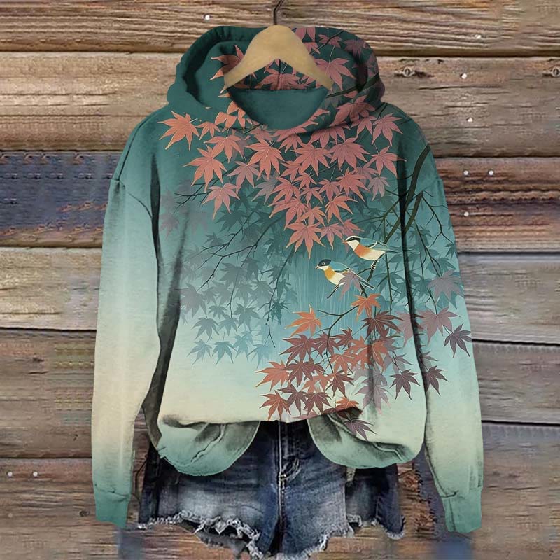 Vintage Autumn Maple Leaf & Birds Art Print Long Sleeve Hoodie - Green - US44-46(8XL) - image 1