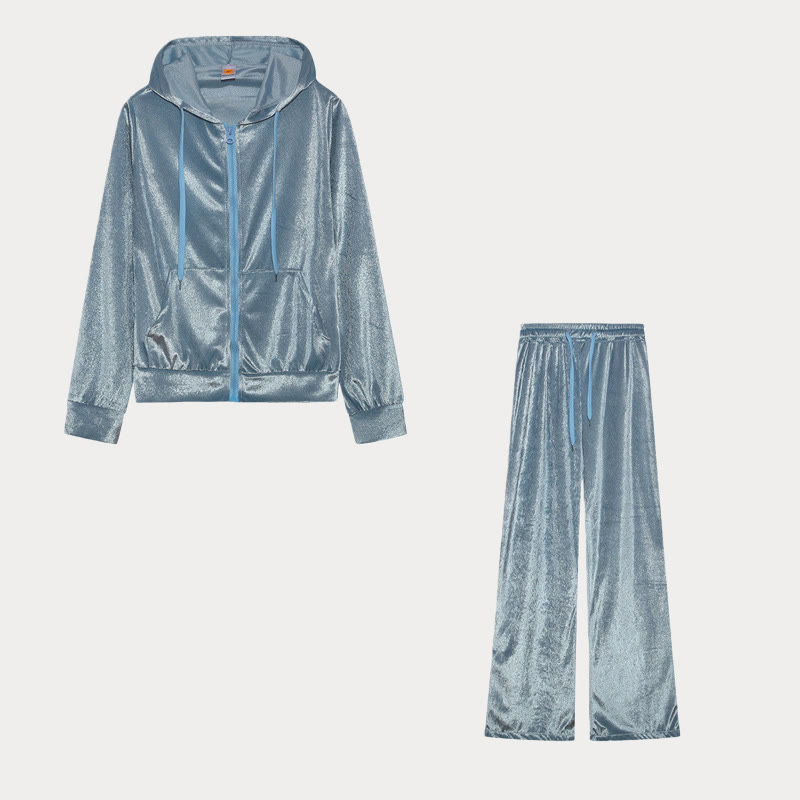 Solid Color Rhinestone Velvet Sporty Casual Two-Piece Set - Light Blue - 2XL - image 5