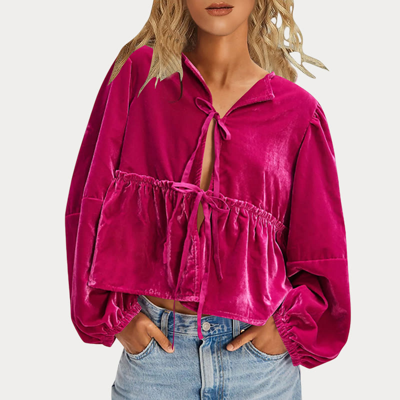 Women's V-neck Ruffled Solid Color Velvet Blouse - Rose - 2XL - image 1