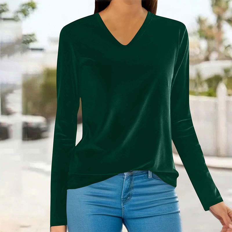 Velvet Solid Color Women's Versatile Slim Fit Long Sleeve V-Neck T-Shirt - Dark Green - 3XL - image 1