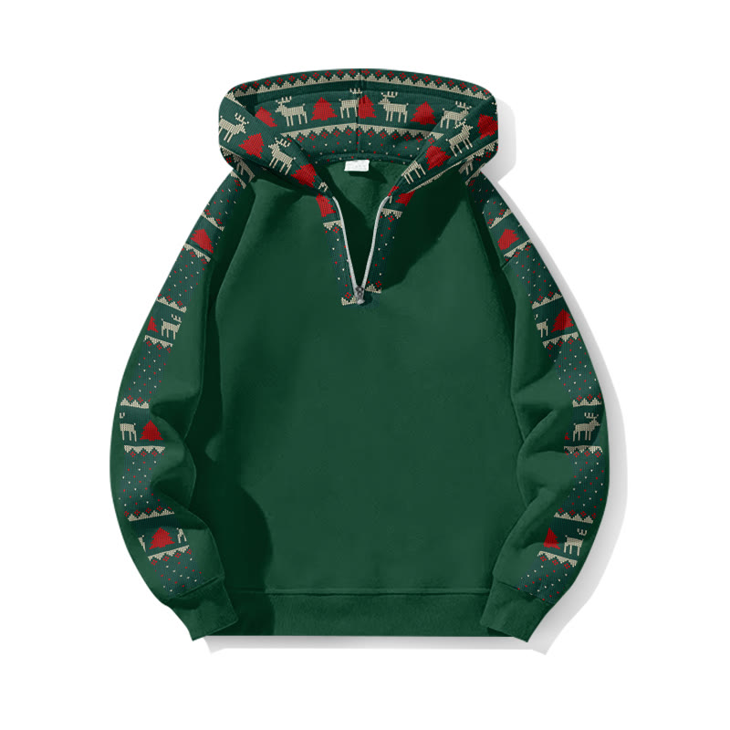 Christmas Reindeer Faux Knit Pattern Patchwork Print Half Zip Hoodie - Green - US32-34(5XL) - image 1
