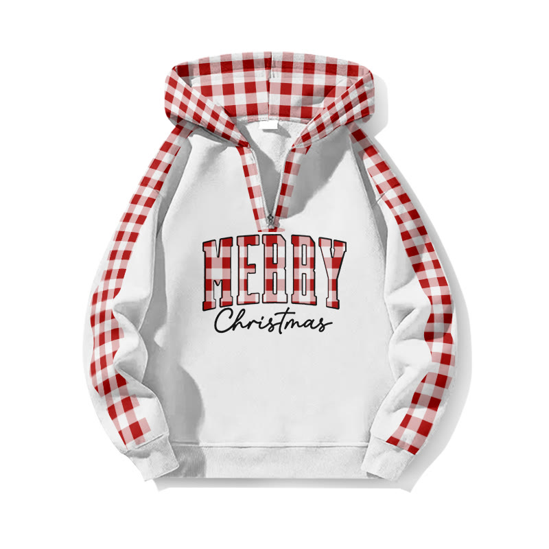 Merry Christmas Plaid Patchwork Print Half Zip Hoodie - White - US32-34(5XL) - image 1