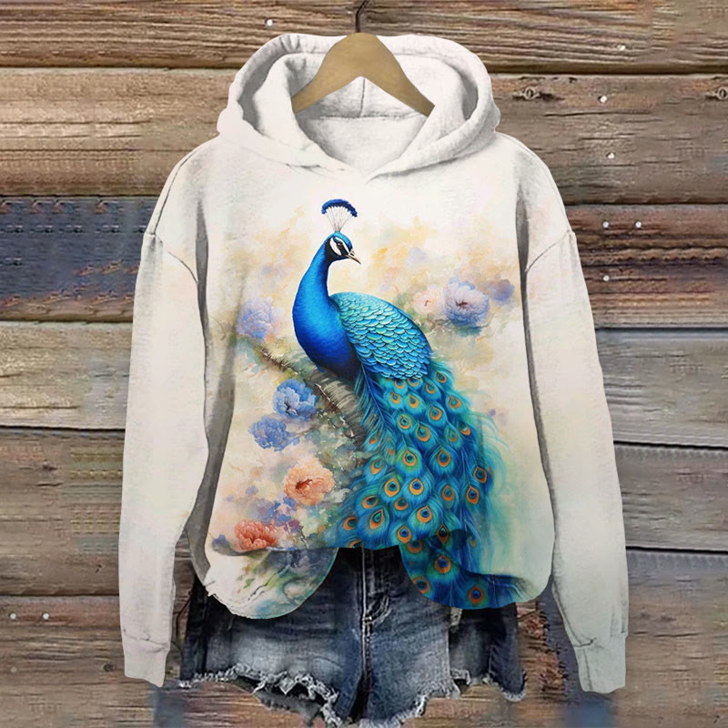 Retro Peacock  Flowers Pattern Long Sleeved Hoodie - Beige - 8XL - image 1