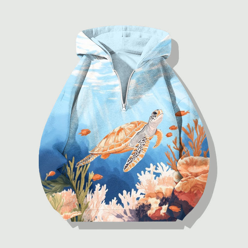 Unisex Deep Sea Coral Turtle Half Zip Hoodie - Light Blue - US32-34(5XL) - image 1