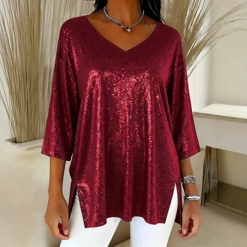 Sparkly Hem slit V-Neck Top - Red - 3XL - image 3