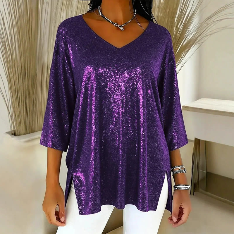 Sparkly Hem slit V-Neck Top - Purple - 3XL - image 2