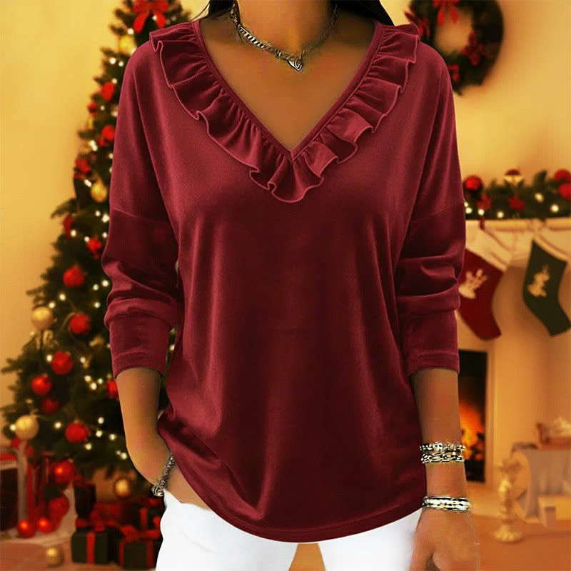 Women's Velvet V-Neck Ruffled Pullover Top - Red - 3XL - image 1