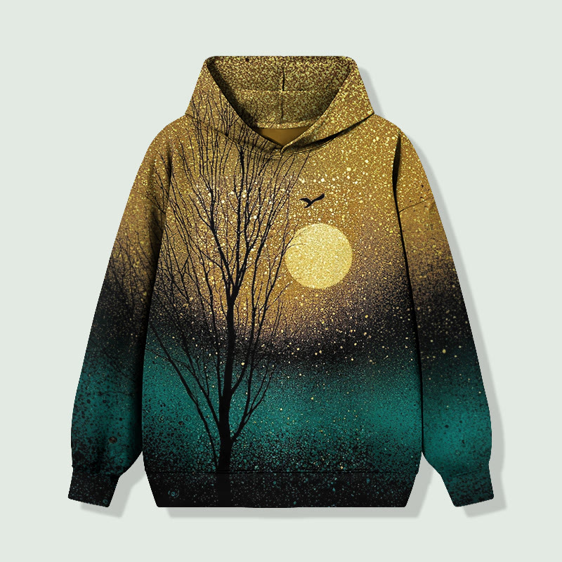 Vintage Contrast Gold Leaf Sequins Moon Night Long Sleeved Hoodie - Golden - 8XL - image 1