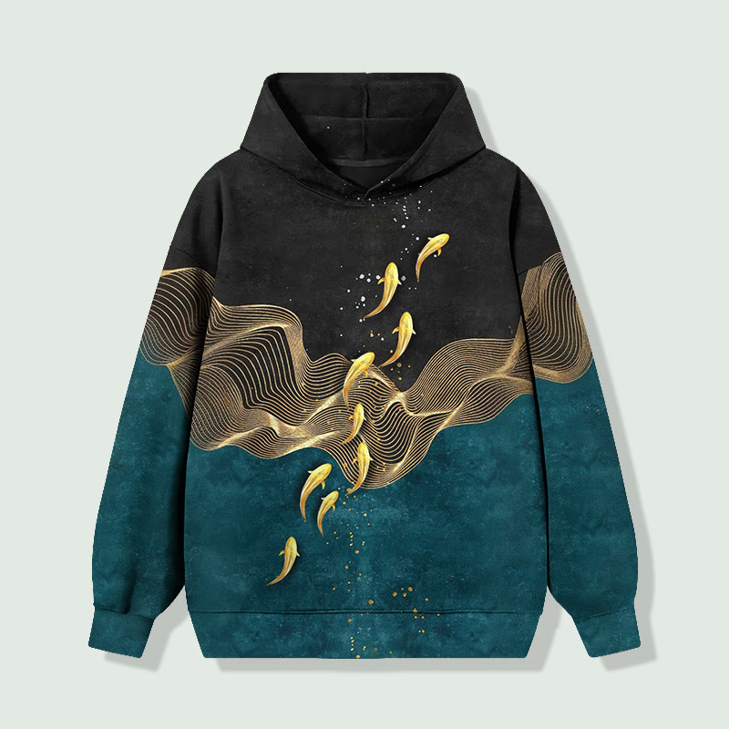 Contrasting  Color Ocean Wave Golden Fish Art Print Long Sleeved Hoodie - Blue - 8XL - image 1