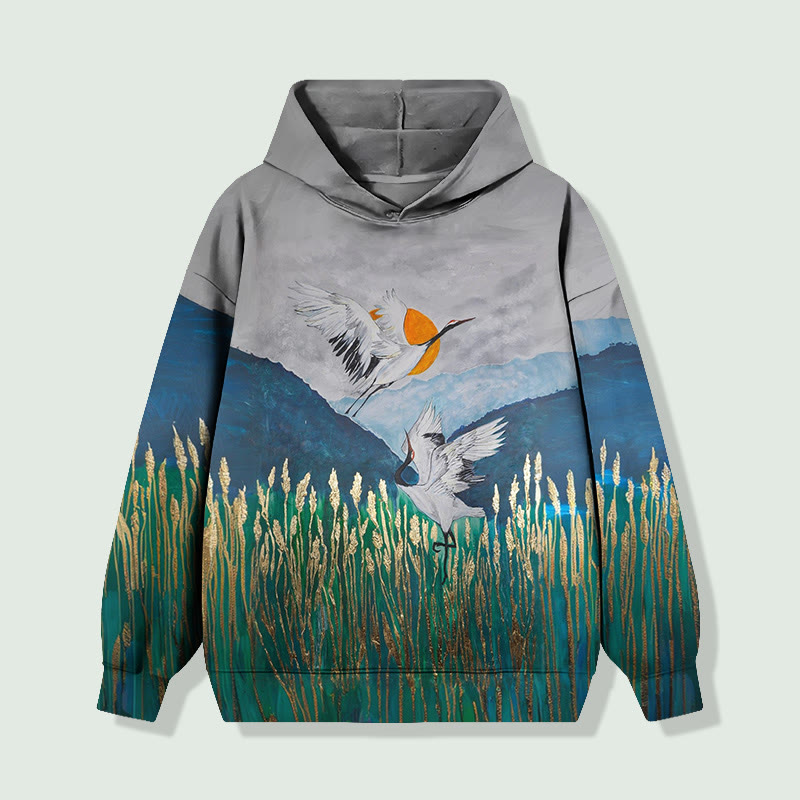 Oil Painting White  Cranes And A Golden Reed Long Sleeved Hoodie - Grey - 8XL - image 1